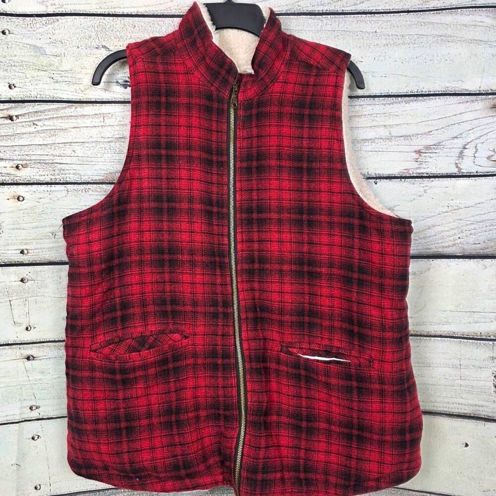 Maurices 0X Red Plaid Sherpa Lined Zip Puffer Vest